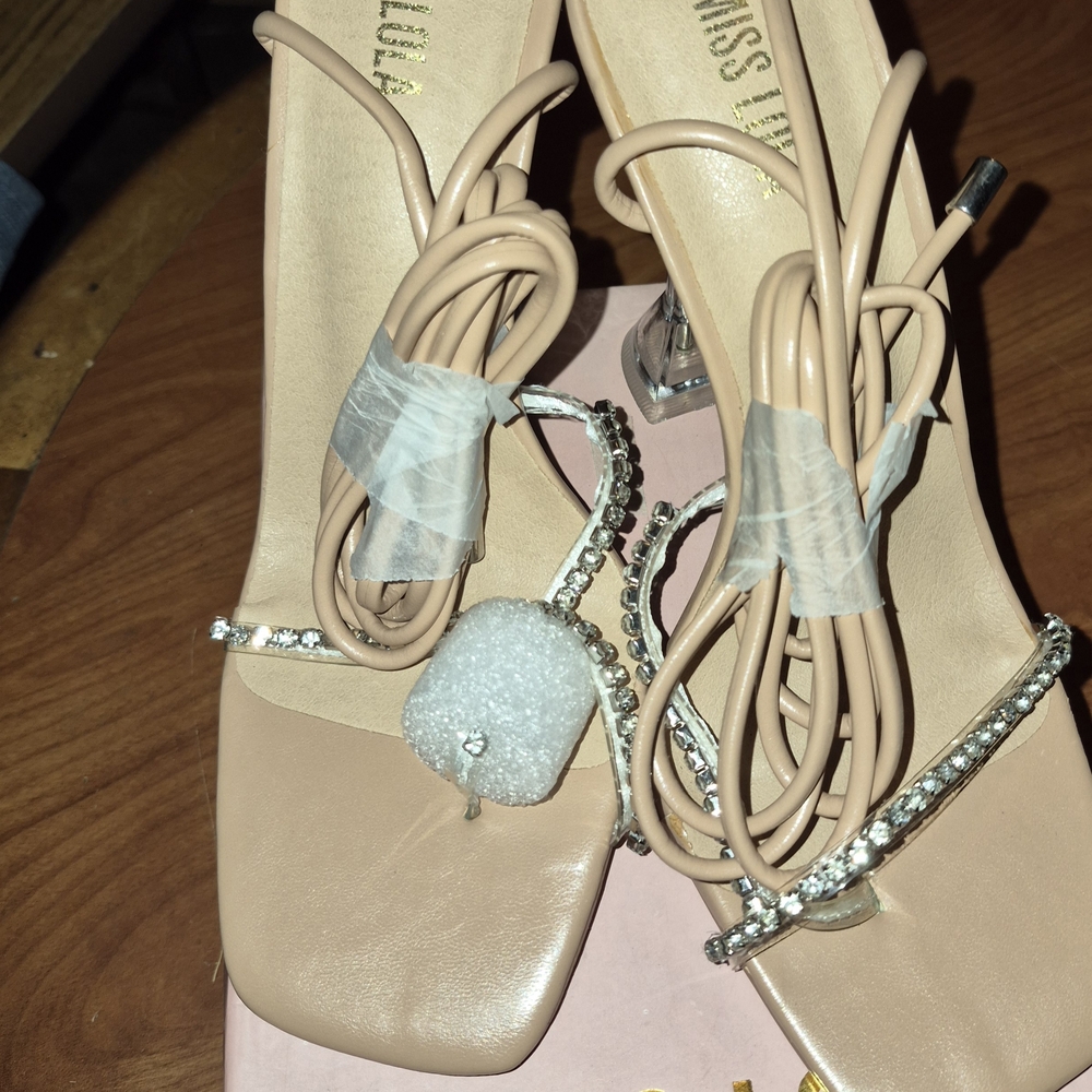Miss Lola Beige Strappy Heels with Rhinestones